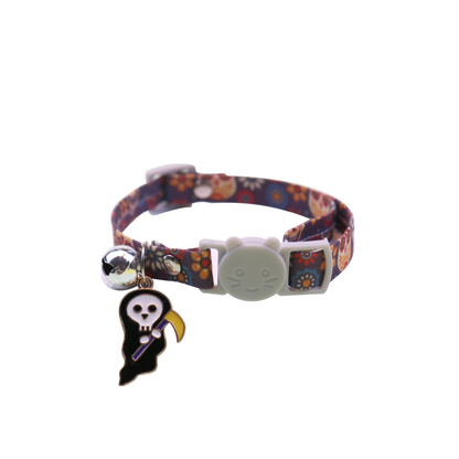 Navy floral skull cat collar with grim reaper charm