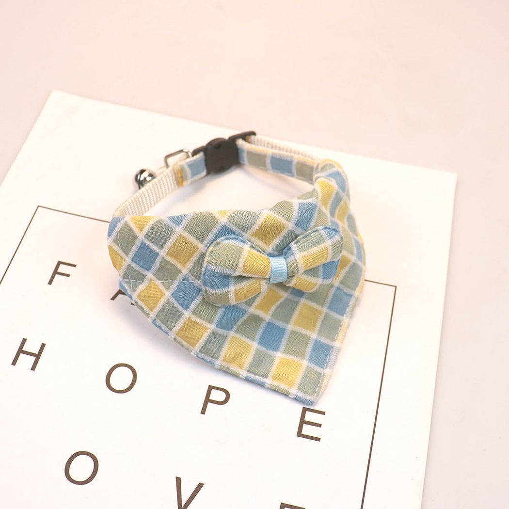 Blue and yellow plaid bow cat collar with bell