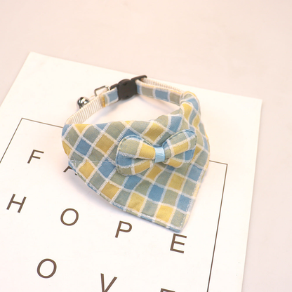Blue and yellow plaid bow cat collar with bell