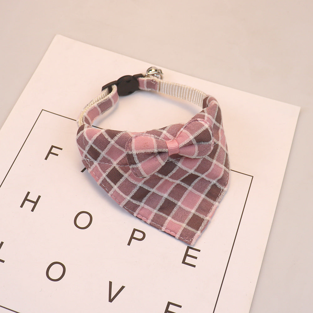 Pink and burgundy plaid bow cat collar with bell