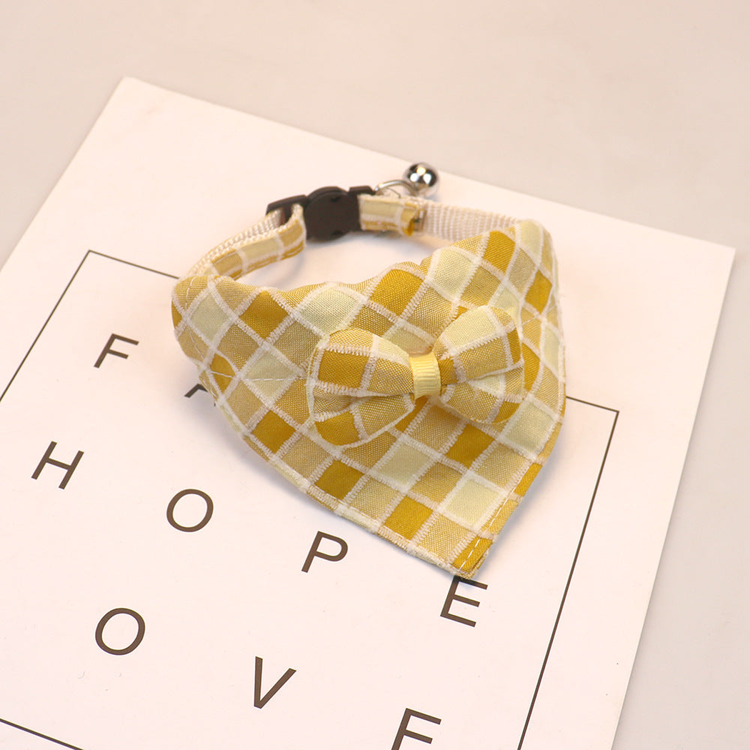 Yellow and cream plaid bow cat collar with bell