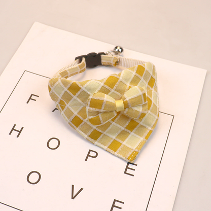 Yellow and cream plaid bow cat collar with bell