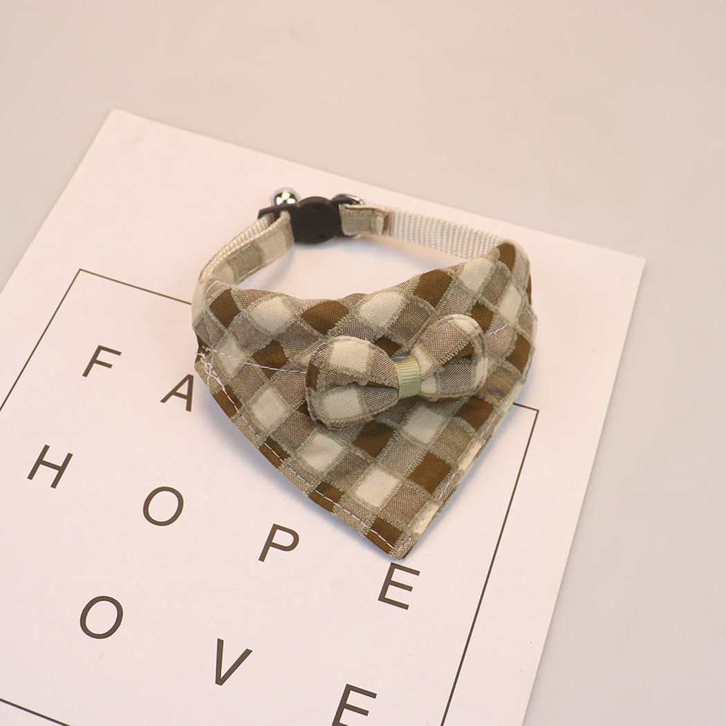 Brown and cream plaid bow cat collar with bell
