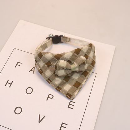 Brown and cream plaid bow cat collar with bell