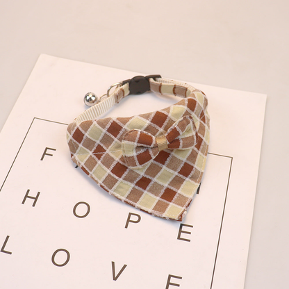 Burgundy and cream plaid bow cat collar with bell