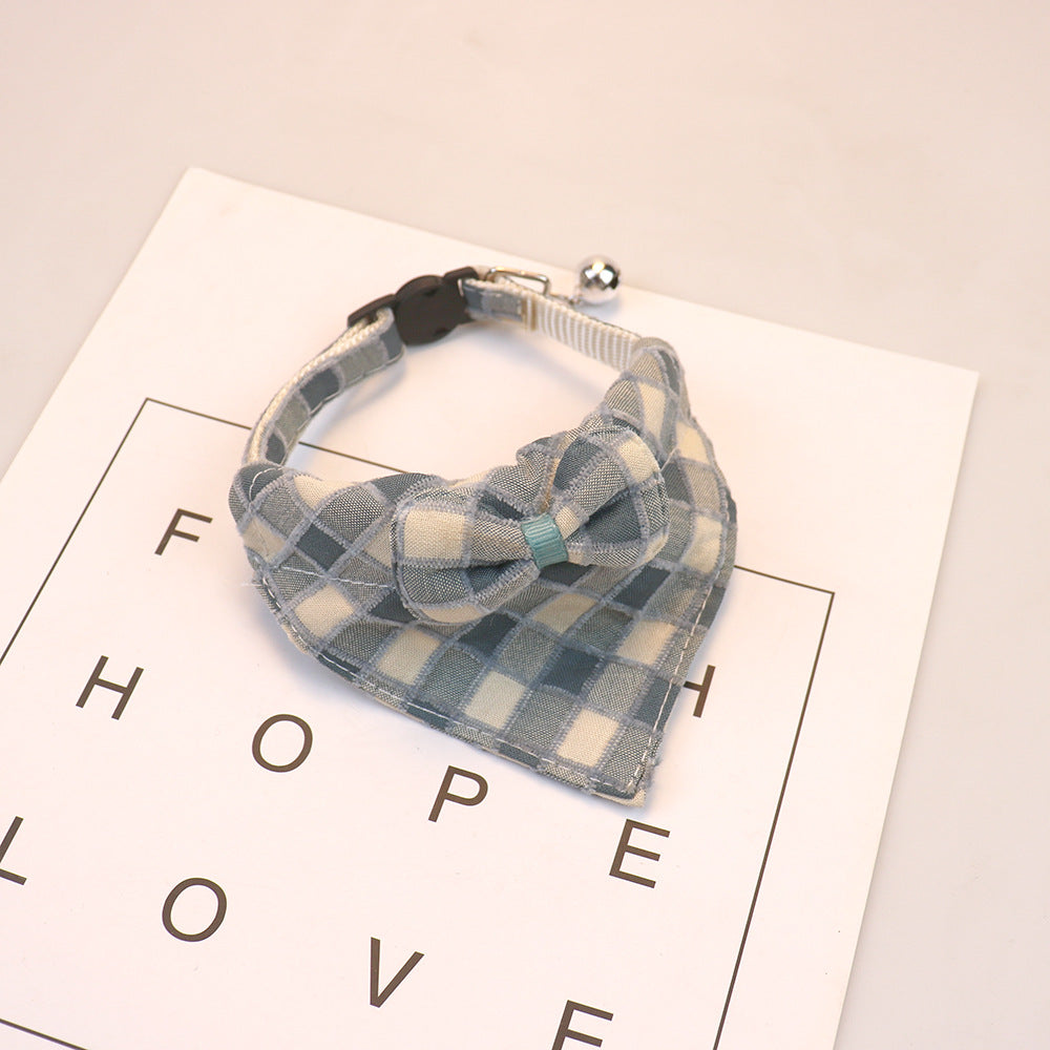 Blue-gray and cream plaid bow cat collar with bell
