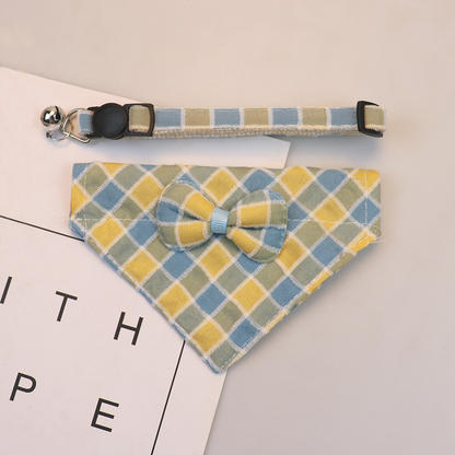 Blue and yellow plaid collar strap and bow panel displayed separately
