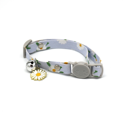 Gray blue daisy-print cat collar with cat-face buckle, bell and flower charm
