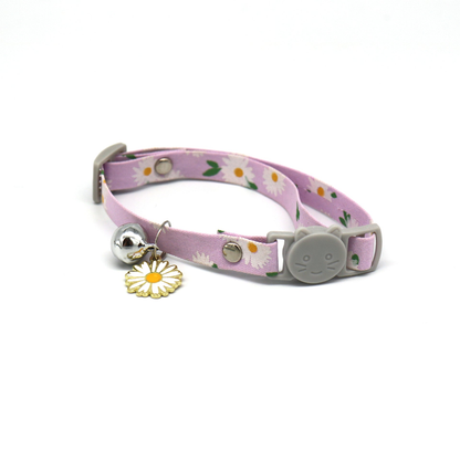Light purple daisy-print cat collar with cat-face buckle, bell and flower charm