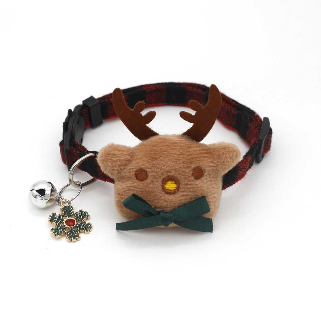 Red plaid reindeer cat collar with green bow, bell and snowflake charm