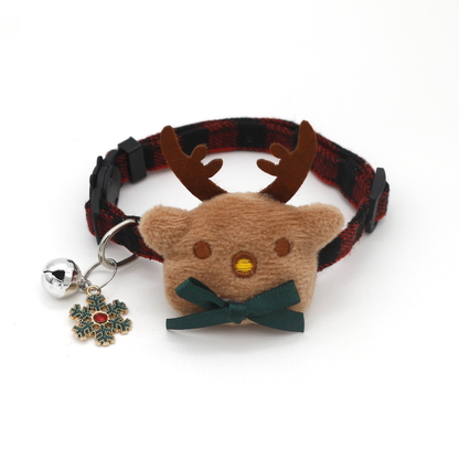 Red plaid reindeer cat collar with green bow, bell and snowflake charm