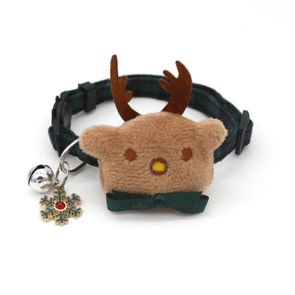 Dark green plaid reindeer cat collar with matching bow, bell and snowflake charm