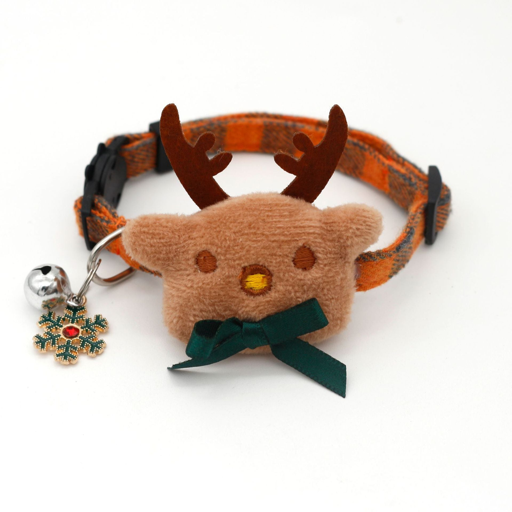 Orange plaid reindeer cat collar with green bow, bell and snowflake charm