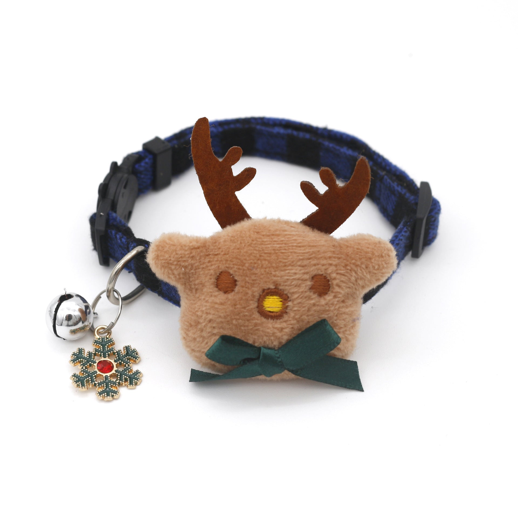 Blue plaid reindeer cat collar with green bow, bell and snowflake charm