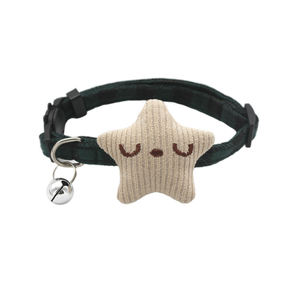 Dark green plaid cat collar with cream star ornament and bell