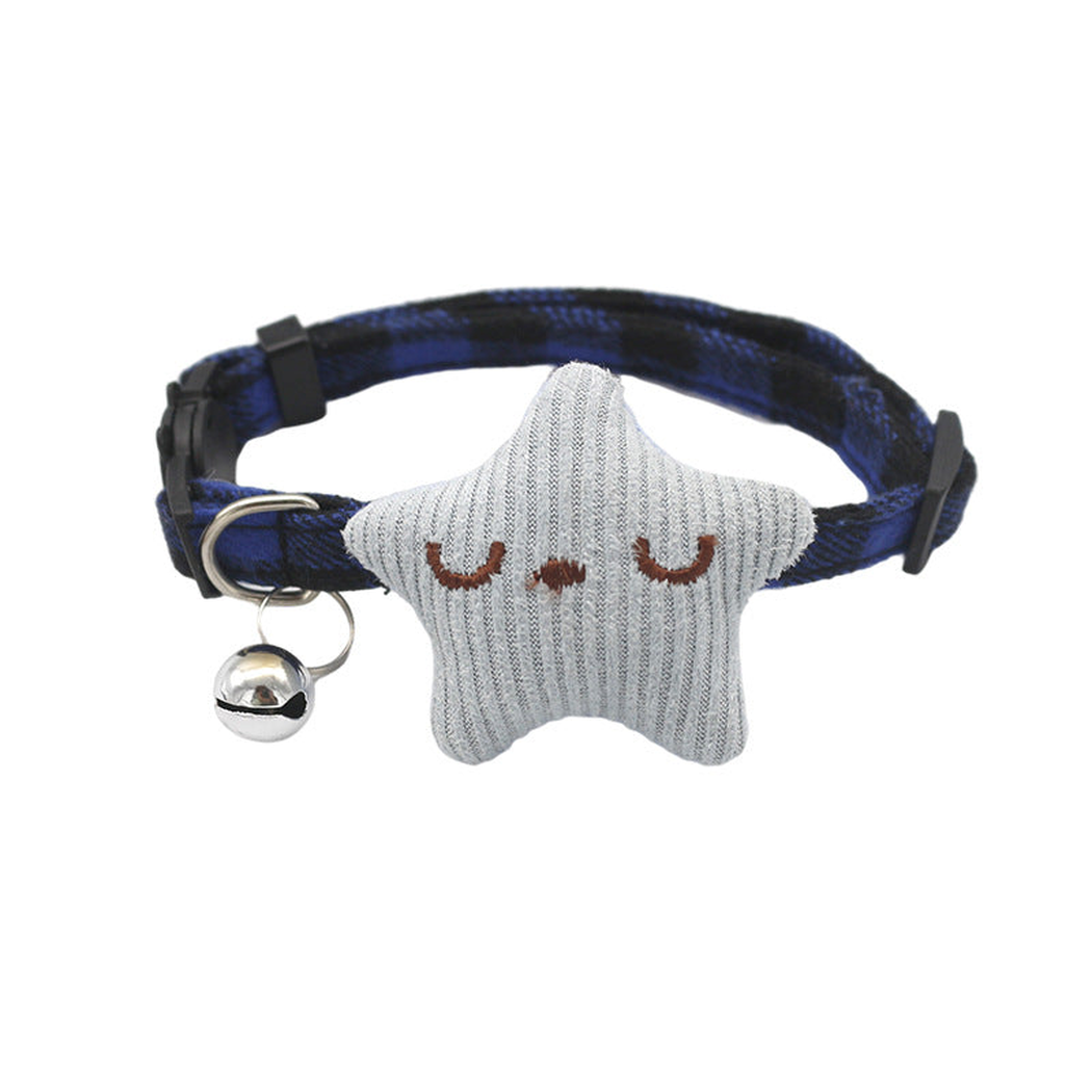Blue plaid cat collar with light blue star ornament and bell