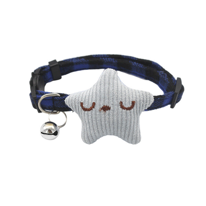 Blue plaid cat collar with light blue star ornament and bell