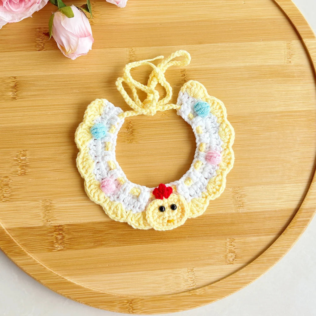 Yellow and white cat neckwear with chick-face accent and tie cords
