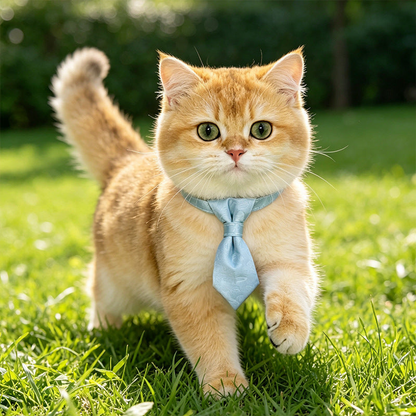 Golden cat wearing a light blue necktie collar outdoors