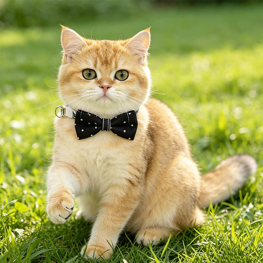 Cat wearing a black polka-dot bow collar outdoors