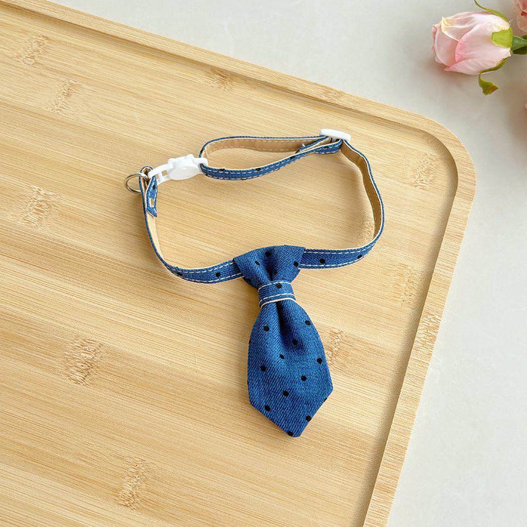 Blue polka-dot necktie cat collar with adjustable strap and buckle