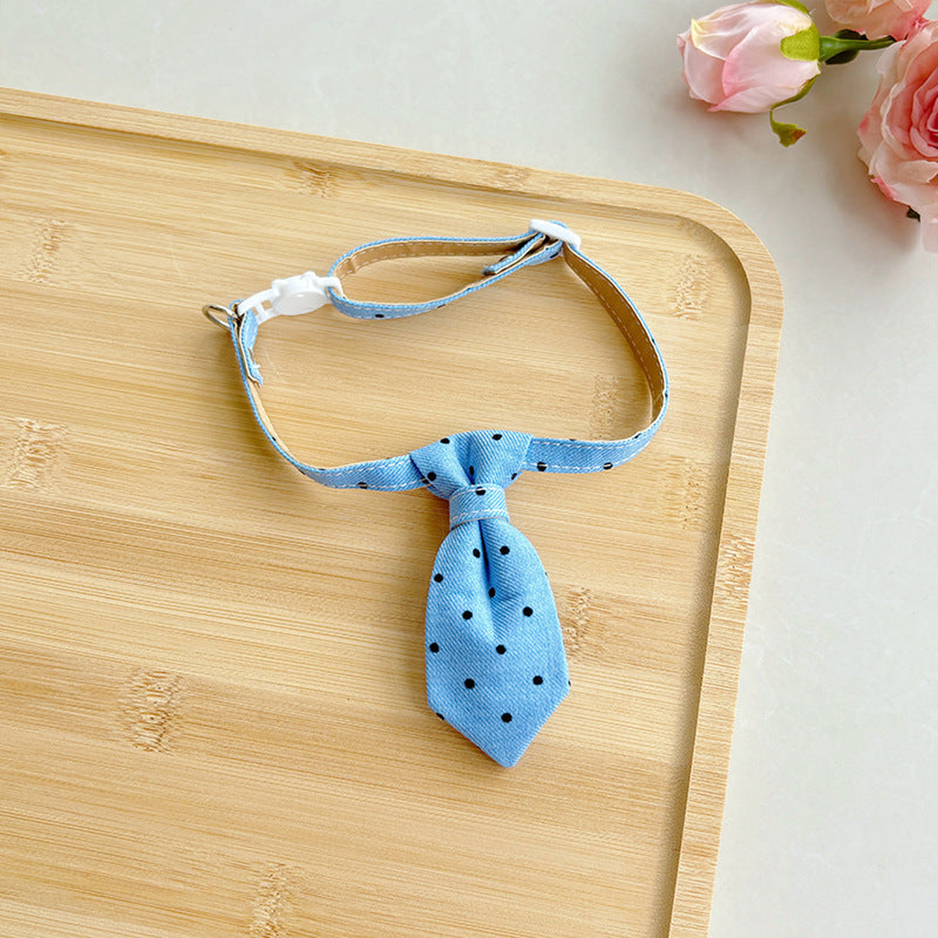 Light blue polka-dot necktie cat collar with adjustable strap and buckle