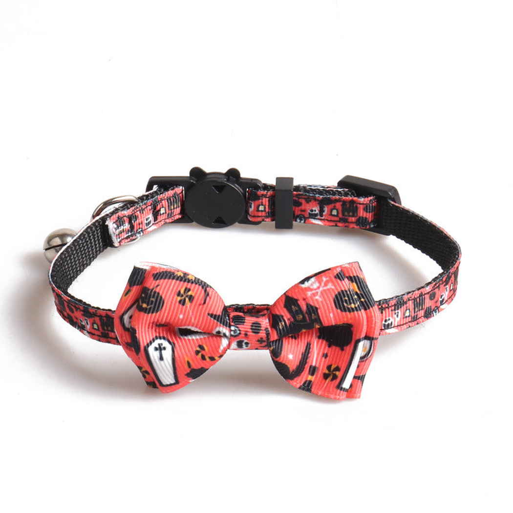 Red Halloween-print cat collar with bow and bell
