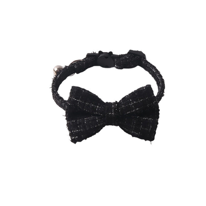 Black textured cat collar with bow, bell and cat-face buckle