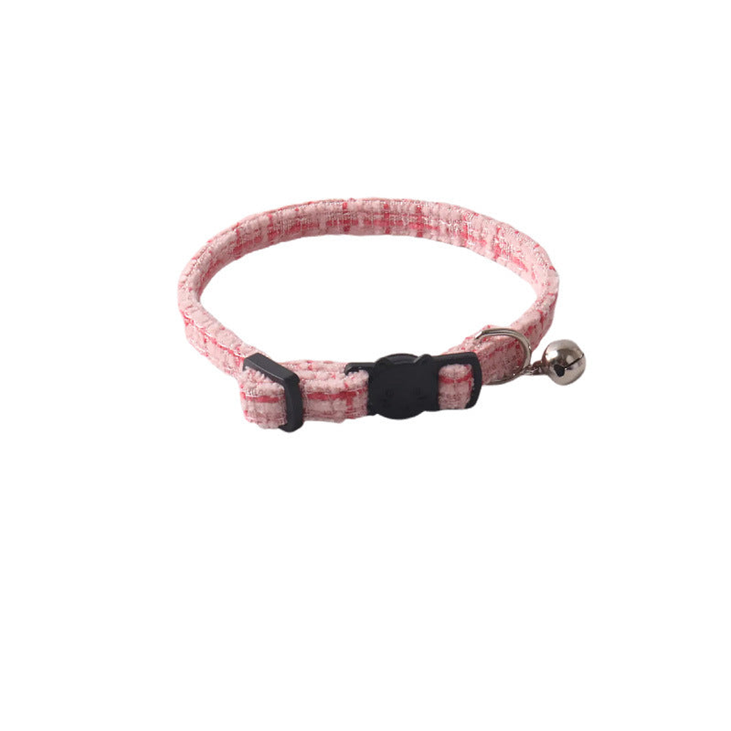 Pink textured cat collar without bow, with bell and cat-face buckle