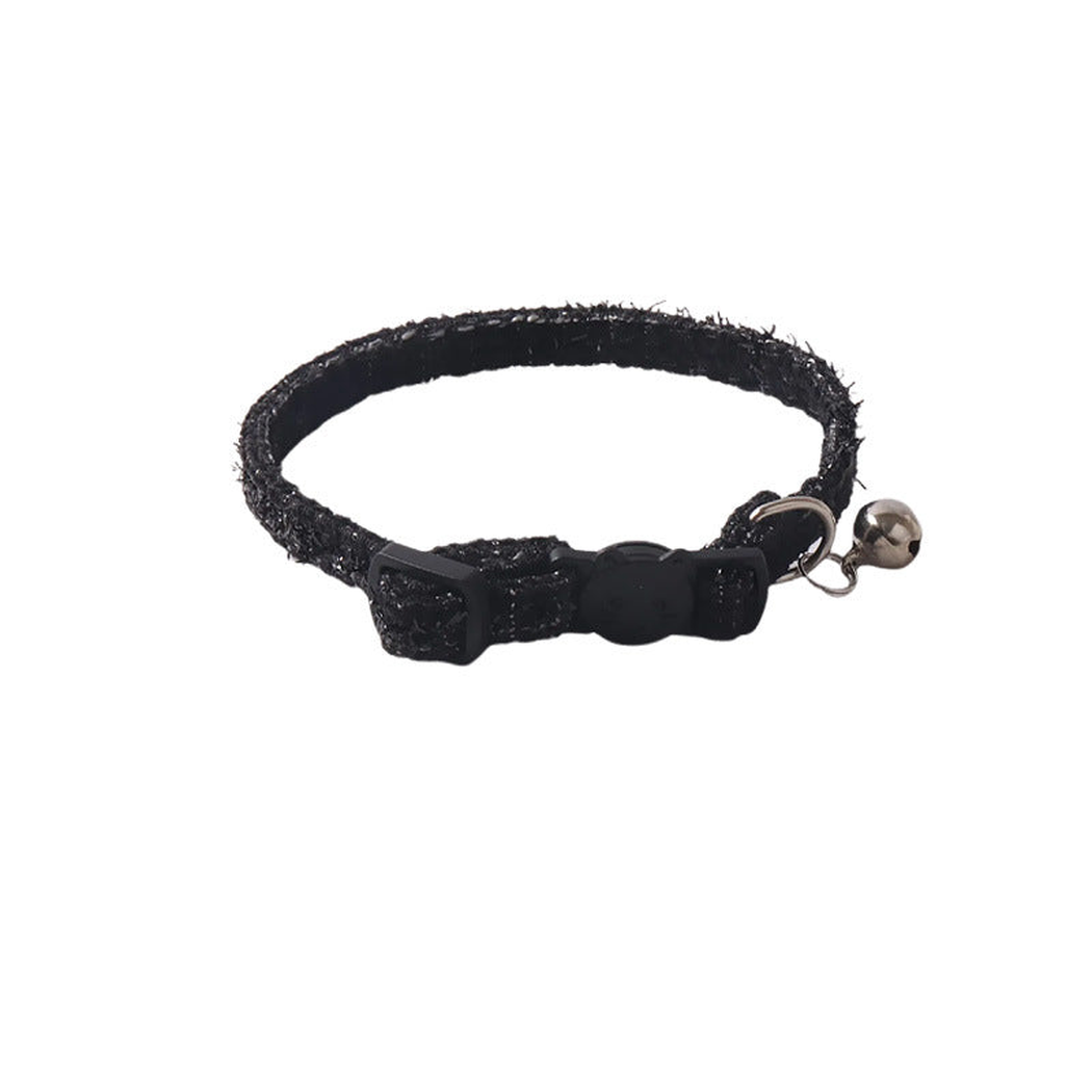 Black textured cat collar without bow, with bell and cat-face buckle