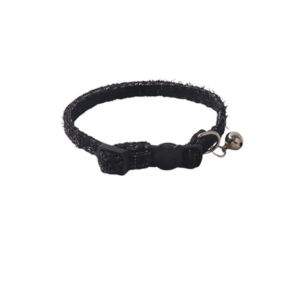 Black textured cat collar without bow, with bell and cat-face buckle