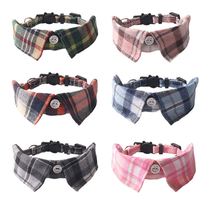 Six plaid bow cat collars displayed together in assorted colors