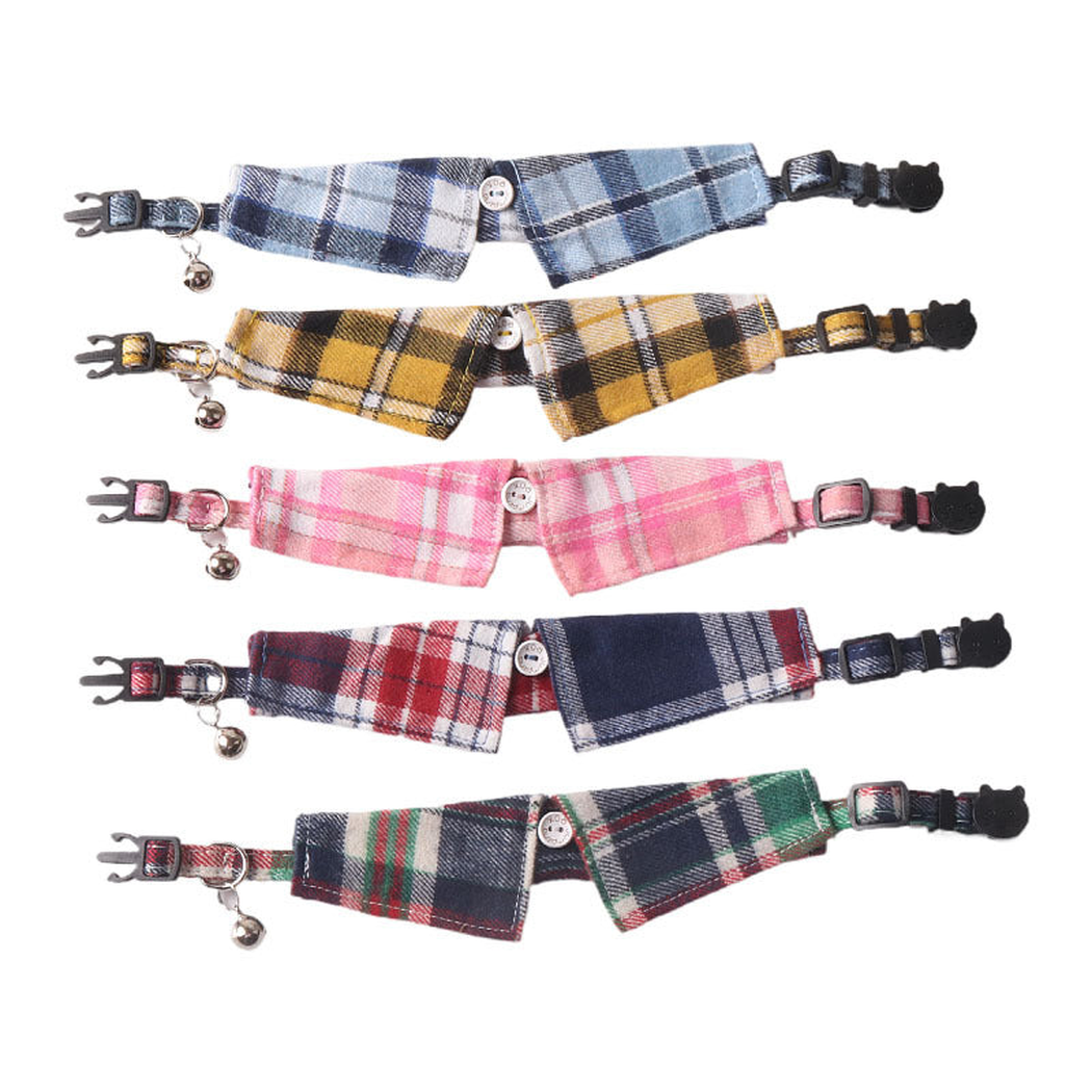 Five plaid bow cat collars laid flat to show buckles and bells