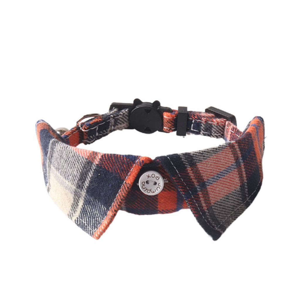 Navy and orange plaid bow cat collar, front view