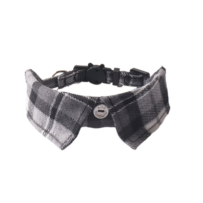 Gray, black and white plaid bow cat collar, front view