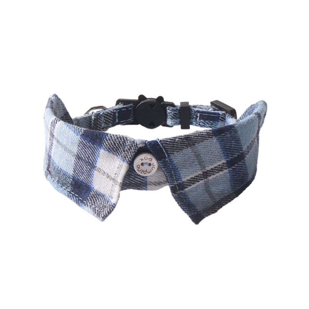 Blue and gray plaid bow cat collar, front view