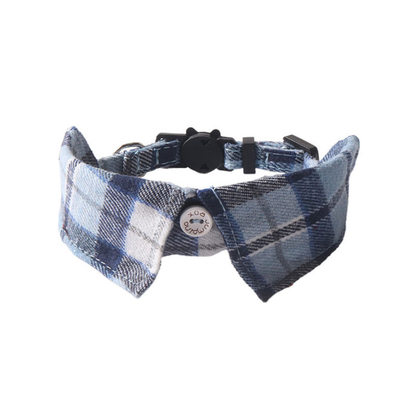 Blue and gray plaid bow cat collar, front view