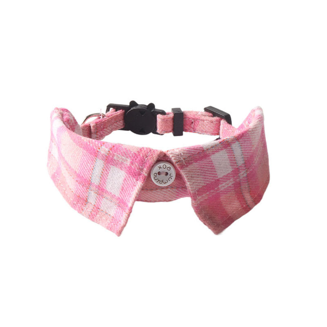 Bright pink and white plaid bow cat collar, front view