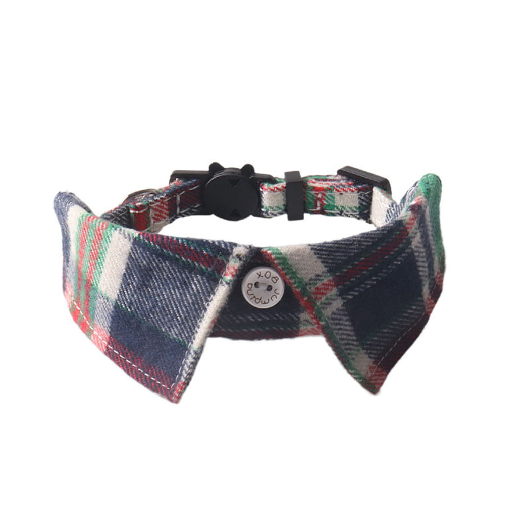 Navy, green, red and cream plaid bow cat collar, front view