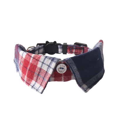 Red, white and navy plaid bow cat collar, front view