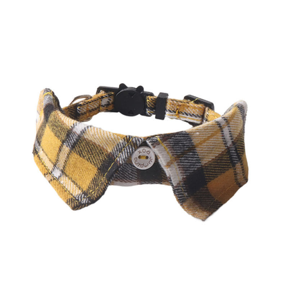 Mustard, black and white plaid bow cat collar, front view