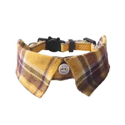Mustard and brown plaid bow cat collar, front view