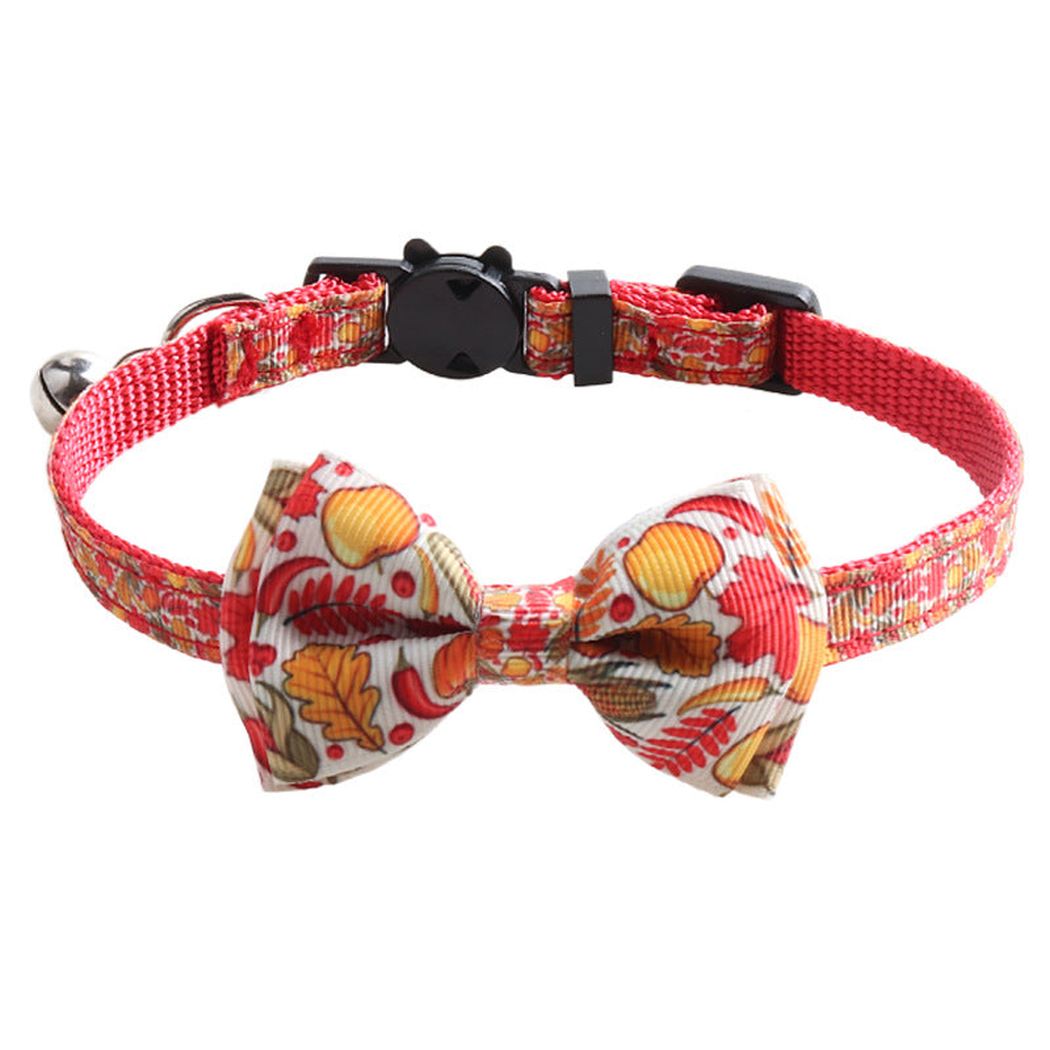 Pumpkin and fall leaf print bow cat collar with bell and cat-face buckle