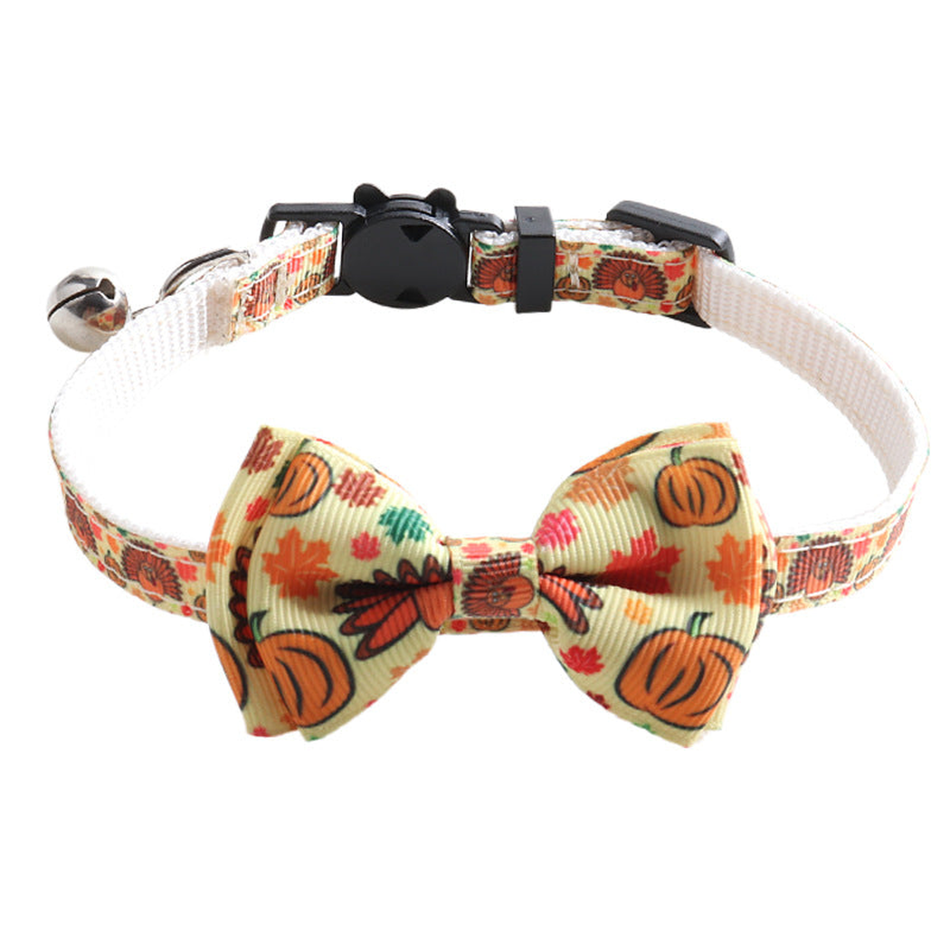 Turkey and pumpkin print bow cat collar with bell and cat-face buckle