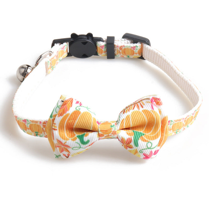 Orange pumpkin and vine print bow cat collar with bell and cat-face buckle