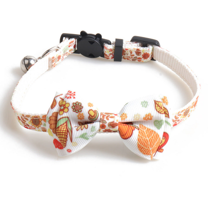 Harvest print bow cat collar with bell and cat-face buckle