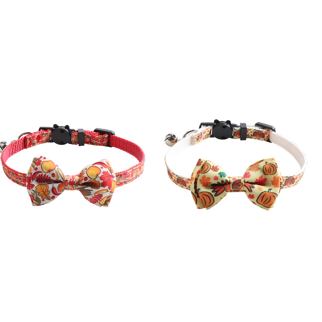 Two autumn-print bow cat collar styles displayed side by side