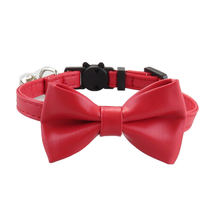 Red bow cat collar with bell, front view