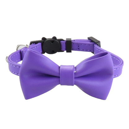 Purple bow cat collar with bell, front view