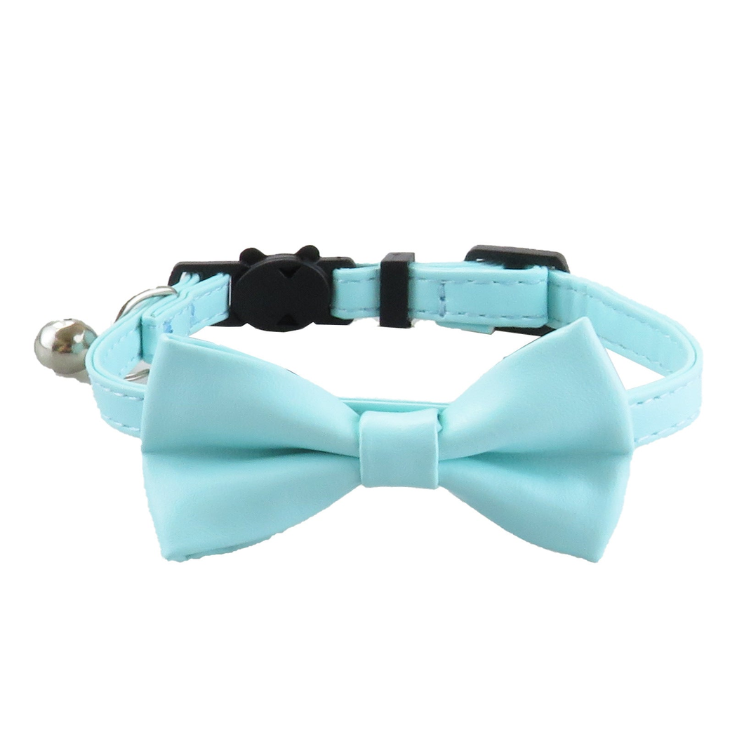 Light blue bow cat collar with bell, front view